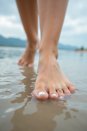 A close-up shot of a woman's feet as she steps into shallow ocean water at the beach. Her toenails are perfectly manicured with white polish, and she wears delicate toe rings that catch the light. The background features a serene, cloudy sky with distant mountains, creating a peaceful and natural atmosphere. The image captures the gentle ripples in the water and the soft reflection of light on the wet sand, emphasizing the tranquility and beauty of the scene in a high-resolution, realistic style. 8k resolution, kodak gold 400 quality. 