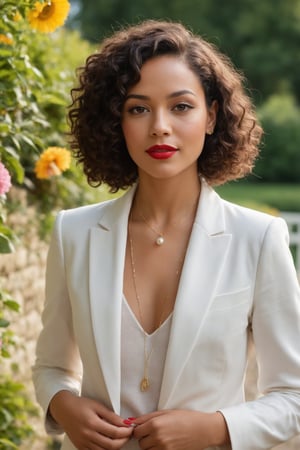 The image features a stunning biracial woman with a radiant and confident demeanor. She has a beautifully curly bob hairstyle, with soft brown curls that frame her face perfectly. Her makeup is impeccably done, highlighting her striking features with bold eyeliner and a rich, matte red lipstick. She is dressed in a sophisticated white blazer, exuding elegance and style. Around her neck, she wears two delicate necklaces: one with a pearl strand and another with a simple gold chain featuring a small pendant.

The woman is standing in a charming, sunlit garden filled with vibrant flowers and lush greenery. The background features a variety of blooming plants, creating a colorful and lively atmosphere. A quaint white fence runs along the edge of the garden, and the sky above is clear and blue, with the warm sunlight casting a soft glow on her face. She is positioned near a stone pathway that winds through the garden, adding a touch of rustic charm to the scene. The overall setting is serene and picturesque, enhancing her natural beauty and sophisticated appearance.