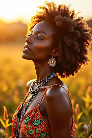 Radiant African woman, three-quarter shot, vibrant patterned maxi dress by Stella Jean, layered beaded necklaces, hoop earrings, natural curls, dewy glow makeup, sun-drenched meadow setting, warm, golden light, 45MP resolution, Canon EOS R5, Annie Leibovitz’s ethereal, naturalistic photography style