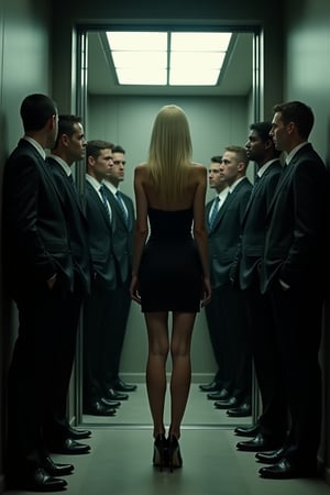 A low-angle shot captures the back of a stunning blonde woman in a tight black dress and high heels, standing before an open elevator filled with Caucasian businessmen in suits. The men gaze at her, expressions a mix of shock and resignation, realizing her true identity. Dim, dramatic lighting enhances the eerie atmosphere, blending elements of office normalcy with an undercurrent of supernatural dread. Shot in the style of Gregory Crewdson's cinematic photography, using a high-resolution DSLR for a hyper-realistic effect