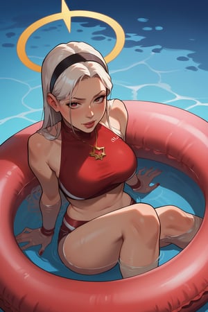 score_9, score_8_up, score_7_up, score_6_up, score_5_up, score_4_up, absurdres highres 1girl black_eyes black_hairband bottomless hairband innertube long_hair looking_at_viewer red_halo pool_background solo swim_ring very_long_hair white_hair