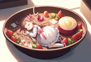 score_9, score_8_up, score_7_up, 1girl, blush, bottle, bow, brown_hair, closed_eyes, container, dress, english_text, food, frills, fruit, gem, hair_ornament, hairpin, in_container, jewelry, kneehighs, lipstick, long_hair, long_sleeves, lying, makeup, mini_person, minigirl, origami, paper, pearl_(gemstone), perfume_bottle, pink_bow, pink_gemstone, pink_ribbon, ribbon, ring, sleeping, socks, solo, sticker, strawberry, white_background, white_dress, white_footwear, cinematic lighting, volumetric streetlights, lighting, nighttime.. 