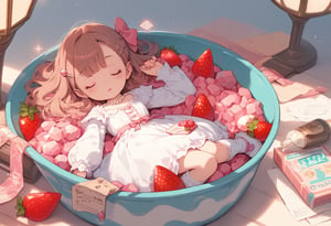 score_9, score_8_up, score_7_up, 1girl, blush, bottle, bow, brown_hair, closed_eyes, container, dress, english_text, food, frills, fruit, gem, hair_ornament, hairpin, in_container, jewelry, kneehighs, lipstick, long_hair, long_sleeves, lying, makeup, mini_person, minigirl, origami, paper, pearl_(gemstone), perfume_bottle, pink_bow, pink_gemstone, pink_ribbon, ribbon, ring, sleeping, socks, solo, sticker, strawberry, white_background, white_dress, white_footwear, cinematic lighting, volumetric streetlights, lighting, nighttime.. 