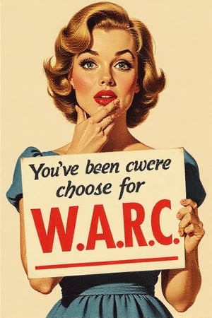 surprised young woman in a vintage 1950s dress. oh face, hand over mouth, holding a sign with written (You've been choosed for W.A.R.C.) on it in big red letters.,American vintage Illustrations 