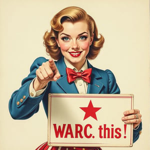 vintage  cheeky young woman dressed as uncle sam in a 1940 style. smirk face, grin, determined, pointing finger at viewer, leaning forward, holding a sign with one hand. (W.A.R.C. this!) written on it in big red letters. painting, watercolor, classic ad, americana. WW1 recruitment poster