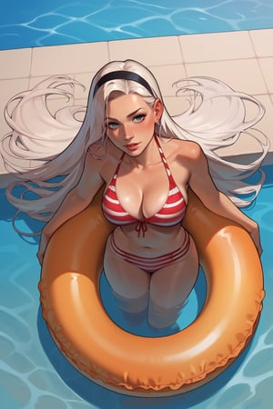 score_9, score_8_up, score_7_up, score_6_up, score_5_up, score_4_up, absurdres highres 1girl black_eyes black_hairband bottomless hairband innertube long_hair looking_at_viewer pool_background solo swim_ring very_long_hair white_hair