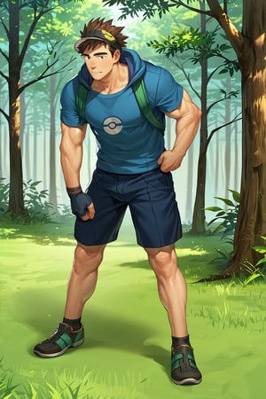 score_9, score_8_up, score_7_up, score_6_up, score_5_up, source_anime, toned_male, good face, masterpiece, male focus, solo, toned_male, full body, Naoki, Bara,GO_pokemon, brown hair, visor cap, forest, tall grass, short sleeve t-shirt, shorts, Insect, sting