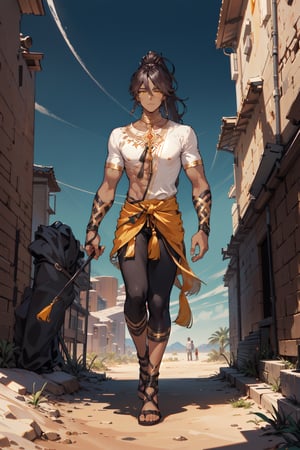 Zafir, Ponytail, Yellow eyes, dark-skinned male, male, solo, full body, defined muscles, desert, walking, masterpiece, arch, looking to the horizon