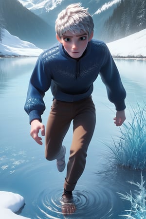 score_9, score_8_up, score_7_up, score_6_up, score_5_up, source_anime, male focus, solo, toned_male, muscle, full body, Jackfrost, frozen lake, over the lake, frozen water,