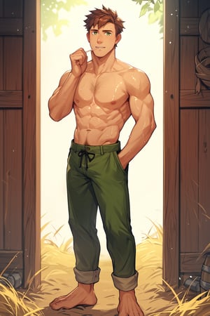 score_9, score_8_up, score_7_up, score_6_up, score_5_up, source_anime, toned_male, looking_at_viewer, good face, masterpiece, male focus, solo, toned_male, full body, Alex_SDV, Brown Hair, Green Eyes, farm, standing, (sweating), sweat, goats, straw, (rolled up trousers), hairy chest, shirtless