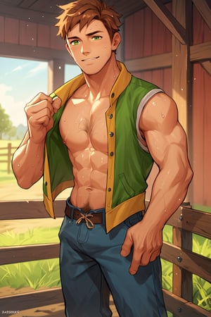 score_9, score_8_up, score_7_up, score_6_up, score_5_up, source_anime, toned_male, looking_at_viewer, good face, masterpiece, male focus, solo, toned_male, full body, Alex_SDV, Brown Hair, Green Eyes, farm, standing, (sweating), sweat, goats, straw, (rolled up trousers), hairy chest, 