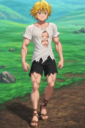 meliodas_nanatsu_no_taizai, blonde hair, green eyes, solo, male, full body, depth of field, white shirt, black shorts, smile, sandals, standing, Ripped shirt, muscle