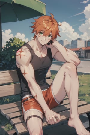 Roi, scar on face, Orange hair, Green eyes, defined muscles, solo, male, black tank_top, red shorts, barefeet, looking at viewer, smile, city ,1boy, sitting on a bench, one leg over the other