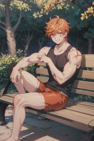 Roi, scar on face, Orange hair, Green eyes, defined muscles, solo, male, black tank_top, red shorts, barefeet, looking at viewer, smile, city ,1boy, sitting on a bench, legs crossed