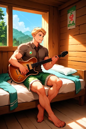 score_9, score_8_up, score_7_up, score_6_up, score_5_up, source_anime, good face, masterpiece, male focus, solo, toned_male, full body, Yoshi, Blonde Hair, Brown-Gray Shirt, muscle, Short Sleeves, Brown Necktie, Green Shorts, cabin, ((playing guitar)), sitting in bed, digitigrade_legs