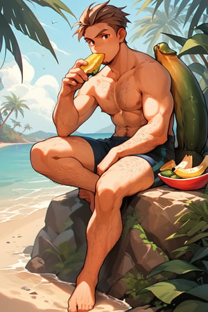 score_9, score_8_up, score_7_up, score_6_up, score_5_up, source_anime, male focus, solo, toned_male, looking_at_viewer, full body, pkmn_swim, Beach, palm_tree, bananas, eating, hairy leg, hairy arms, hairy chest, 