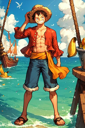 score_9_up, score_8_up, score_7_up, score_6_up, High quality, 1 boy, luffy, straw hat, Luffy, Smiling, male focus, solo, muscle, (full body), seashore, Pirate Ship, beach, mound of bananas, eating banana,