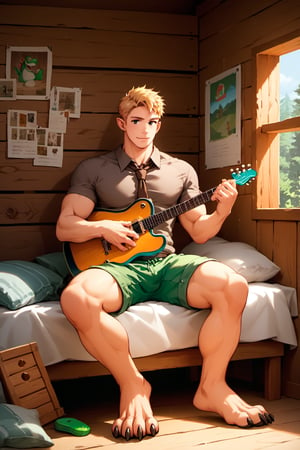 score_9, score_8_up, score_7_up, score_6_up, score_5_up, source_anime, good face, masterpiece, male focus, solo, toned_male, full body, Yoshi, Blonde Hair, Brown-Gray Shirt, muscle, Short Sleeves, Brown Necktie, Green Shorts, cabin, ((playing guitar)), sitting in bed, digitigrade_legs, ((ears bear)), 