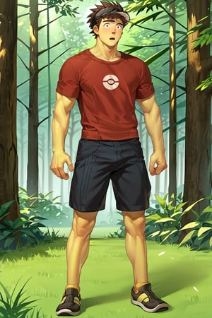 score_9, score_8_up, score_7_up, score_6_up, score_5_up, source_anime, toned_male, good face, masterpiece, male focus, solo, toned_male, full body, Naoki, Bara,GO_pokemon, brown hair, visor cap, forest, tall grass, short sleeve t-shirt, shorts, yellow skin, torn clothes, surprise, 