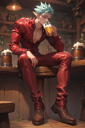 score_9, score_8_up, score_7_up, score_6_up, score_5_up, source_anime, male focus, solo, toned_male, slim, full body, Ban7, tavern, sitting, drinking beer, Leather Jacket, Leather Pants, red, clothes, elf_ears 