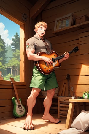 score_9, score_8_up, score_7_up, score_6_up, score_5_up, source_anime, good face, masterpiece, male focus, solo, toned_male, full body, Yoshi, Blonde Hair, Brown-Gray Shirt, muscle, Short Sleeves, Brown Necktie, Green Shorts, cabin, guitar, standing, surprised, digitigrade_legs, ((ears bear)), 