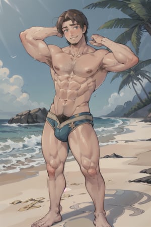 flynn_rider, beach, muscle, hairy leg, hairy chest, 1boy, swim_trunks, bright smile, full_body, flexing, shiny_skin