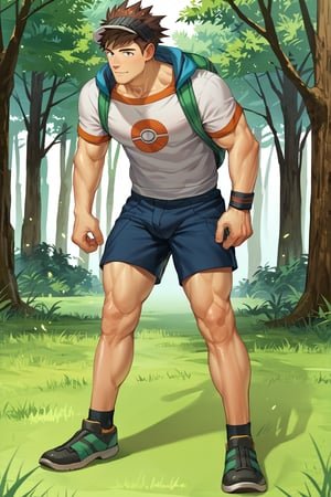 score_9, score_8_up, score_7_up, score_6_up, score_5_up, source_anime, toned_male, good face, masterpiece, male focus, solo, toned_male, full body, Naoki, Bara,GO_pokemon, brown hair, visor cap, forest, tall grass, short sleeve t-shirt, shorts, leg hair, 