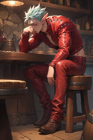 score_9, score_8_up, score_7_up, score_6_up, score_5_up, source_anime, male focus, solo, toned_male, slim, full body, Ban7, tavern, sitting, Leather Jacket, Leather Pants, red, clothes, elf_ears , goatee, 