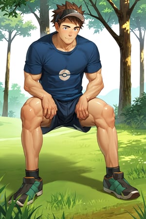 score_9, score_8_up, score_7_up, score_6_up, score_5_up, source_anime, toned_male, good face, masterpiece, male focus, solo, toned_male, full body, Naoki, Bara,GO_pokemon, brown hair, visor cap, forest, tall grass, short sleeve t-shirt, shorts