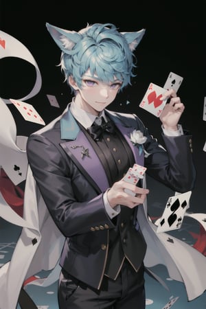 1boy, Esker, blue hair, Purple eyes, solo muscle, casino, playing cards, trusted, elegant suit, fox ears,