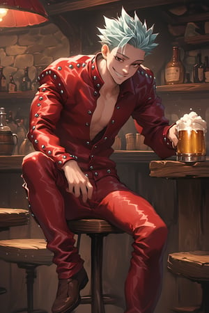 score_9, score_8_up, score_7_up, score_6_up, score_5_up, source_anime, male focus, solo, toned_male, slim, full body, Ban7, tavern, sitting, drinking beer, Leather Jacket, Leather Pants, red, clothes, good lighting, smile,