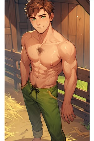 score_9, score_8_up, score_7_up, score_6_up, score_5_up, source_anime, toned_male, looking_at_viewer, good face, masterpiece, male focus, solo, toned_male, full body, Alex_SDV, Brown Hair, Green Eyes, farm, standing, (sweating), sweat, goats, straw, (rolled up trousers), hairy chest, shirtless