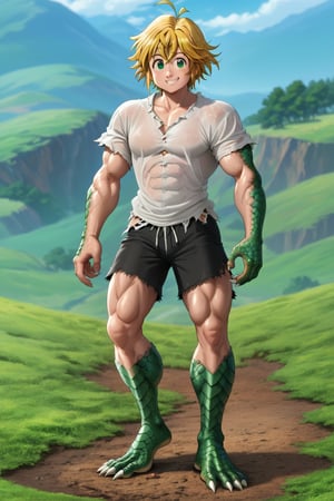 meliodas_nanatsu_no_taizai, blonde hair, green eyes, solo, male, full body, depth of field, white shirt, black shorts, smile, barefeet, standing, Ripped shirt, muscle, shiny scales, green scales, claws on feet, good face, taniguchi, 