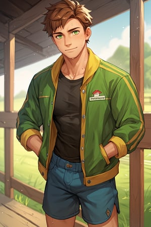 score_9, score_8_up, score_7_up, score_6_up, score_5_up, source_anime, toned_male, looking_at_viewer, good face, masterpiece, male focus, solo, toned_male, full body, Alex_SDV, Brown Hair, Green Eyes, farm, standing, (sweating), Green Jacket, Black Shirt, shorts, ((goats)), straw, working