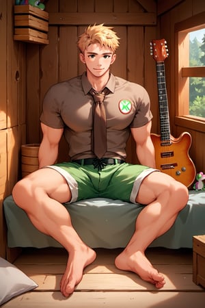 score_9, score_8_up, score_7_up, score_6_up, score_5_up, source_anime, good face, masterpiece, male focus, solo, toned_male, full body, Yoshi, Blonde Hair, Brown-Gray Shirt, muscle, Short Sleeves, Brown Necktie, Green Shorts, cabin, (playing guitar), sitting in bed,