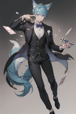 1boy, Esker, blue hair, Purple eyes, solo muscle, full body, (casino), playing cards, trusted, elegant suit, fox ears, (fox tail), 