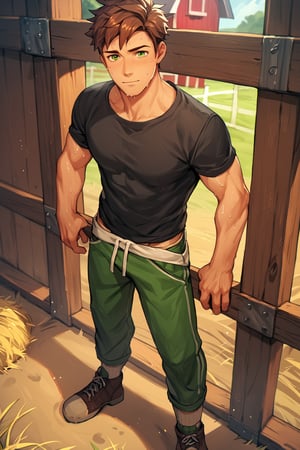 score_9, score_8_up, score_7_up, score_6_up, score_5_up, source_anime, toned_male, looking_at_viewer, good face, masterpiece, male focus, solo, toned_male, full body, Alex_SDV, Brown Hair, Green Eyes, farm, standing, (sweating), sweat, Black Shirt, goats, straw, looking at the ground