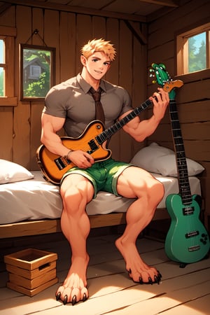 score_9, score_8_up, score_7_up, score_6_up, score_5_up, source_anime, good face, masterpiece, male focus, solo, toned_male, full body, Yoshi, Blonde Hair, Brown-Gray Shirt, muscle, Short Sleeves, Brown Necktie, Green Shorts, cabin, ((playing guitar)), sitting in bed, digitigrade_legs, (ears bear), 