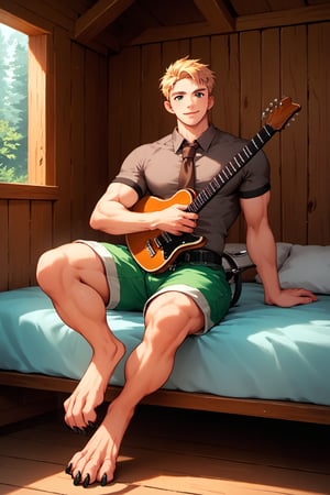 score_9, score_8_up, score_7_up, score_6_up, score_5_up, source_anime, good face, masterpiece, male focus, solo, toned_male, full body, Yoshi, Blonde Hair, Brown-Gray Shirt, muscle, Short Sleeves, Brown Necktie, Green Shorts, cabin, ((playing guitar)), sitting in bed, digitigrade_legs