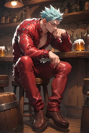 score_9, score_8_up, score_7_up, score_6_up, score_5_up, source_anime, male focus, solo, toned_male, muscle, full body, Ban7, tavern, sitting, drinking beer, Leather Jacket, Leather Pants, red, clothes, 