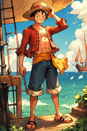 score_9_up, score_8_up, score_7_up, score_6_up, High quality, 1 boy, luffy, straw hat, Luffy, Smiling, male focus, solo, muscle, (full body), seashore, Pirate Ship, 