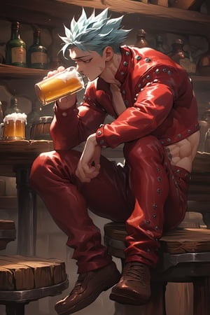 score_9, score_8_up, score_7_up, score_6_up, score_5_up, source_anime, male focus, solo, toned_male, muscle, full body, Ban7, tavern, sitting, drinking beer, Leather Jacket, Leather Pants, red, clothes, 
