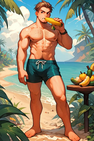 score_9, score_8_up, score_7_up, score_6_up, score_5_up, source_anime, male focus, solo, toned_male, looking_at_viewer, full body, pkmn_swim, Beach, palm_tree, bananas, eating, hairy leg, hairy arms, hairy chest, 