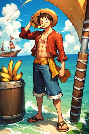 score_9_up, score_8_up, score_7_up, score_6_up, High quality, 1 boy, luffy, straw hat, Luffy, male focus, solo, muscle, (full body), seashore, Pirate Ship, beach, mound of bananas, eating banana, 