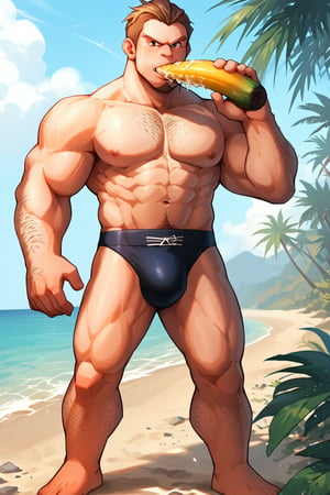 score_9, score_8_up, score_7_up, score_6_up, score_5_up, source_anime, male focus, solo, toned_male, muscle, looking_at_viewer, full body, pkmn_swim, Beach, palm_tree, bananas, eating, gorilla leg, hairy arms, hairy chest, gorilla, 