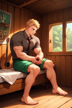 score_9, score_8_up, score_7_up, score_6_up, score_5_up, source_anime, good face, masterpiece, male focus, solo, toned_male, full body, Yoshi, Blonde Hair, Brown-Gray Shirt, muscle, Short Sleeves, Brown Necktie, Green Shorts, cabin, playing guitar, sitting in bed,