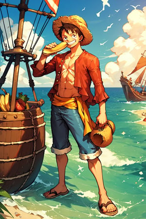 score_9_up, score_8_up, score_7_up, score_6_up, High quality, 1 boy, luffy, straw hat, Luffy, Smiling, male focus, solo, muscle, (full body), seashore, Pirate Ship, beach, eating banana