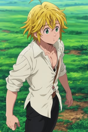 meliodas_nanatsu_no_taizai, blonde hair, green eyes, solo, male, full body, depth of field, white shirt, black pants, chest in sight