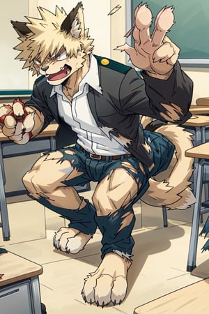 furry, 1boy, Katsuki_Bakugo, (transformation1), Furry_feet, male, muscle, classroom, torn clothes, uniform, angry, man to cat, cat ears, 