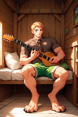 score_9, score_8_up, score_7_up, score_6_up, score_5_up, source_anime, good face, masterpiece, male focus, solo, toned_male, full body, Yoshi, Blonde Hair, Brown-Gray Shirt, muscle, Short Sleeves, Brown Necktie, Green Shorts, cabin, ((playing guitar)), sitting in bed, digitigrade_legs, ears bear, 